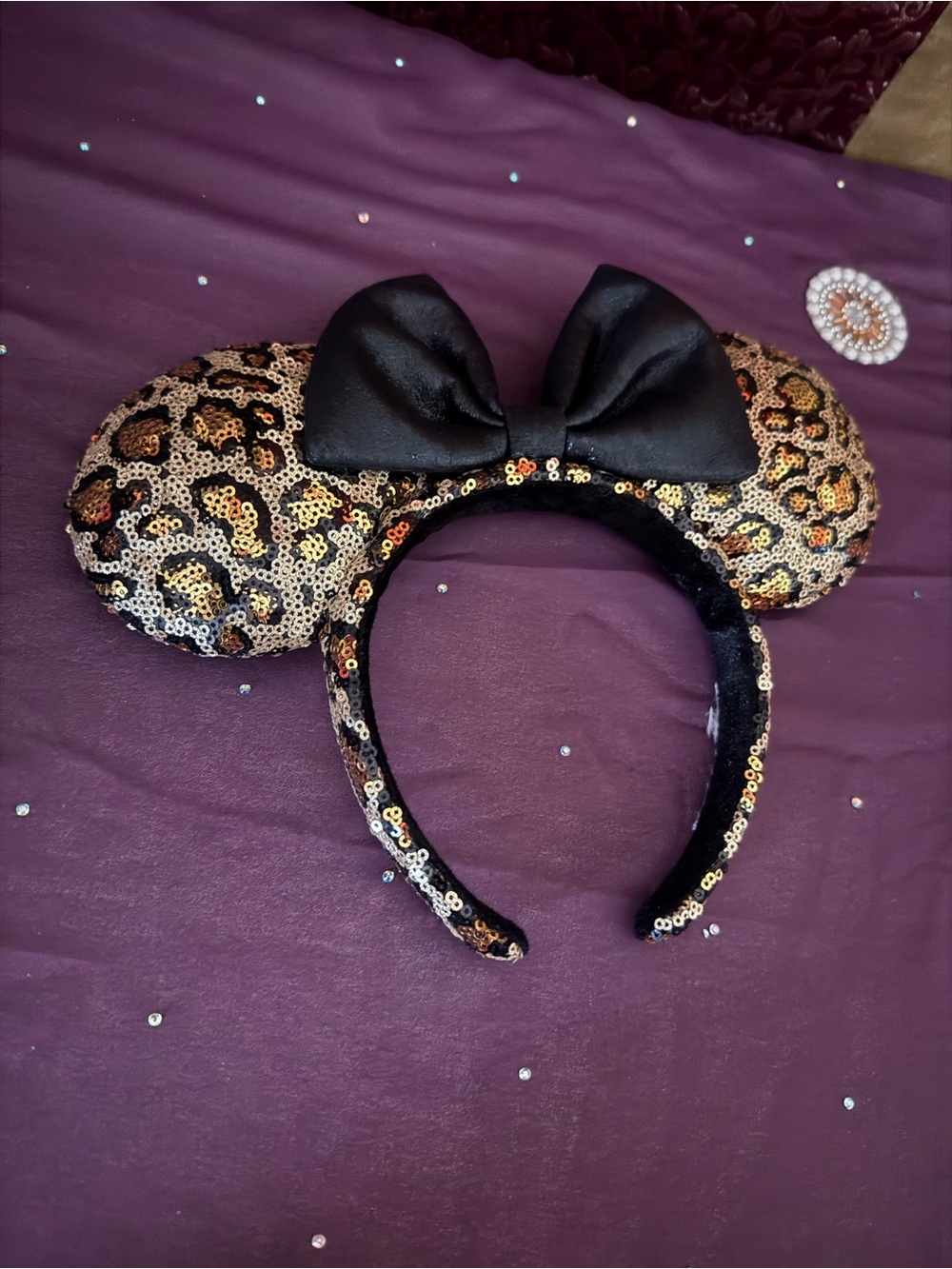 Disney Sequined Leopard Print Minnie Ears Headband with Black Bow